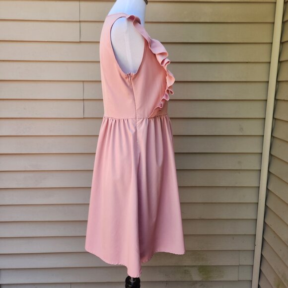 SHEIN Pink V-Neck Dress Ruffle Trim Solid Side Zip Sleeveless - Picture 8 of 13